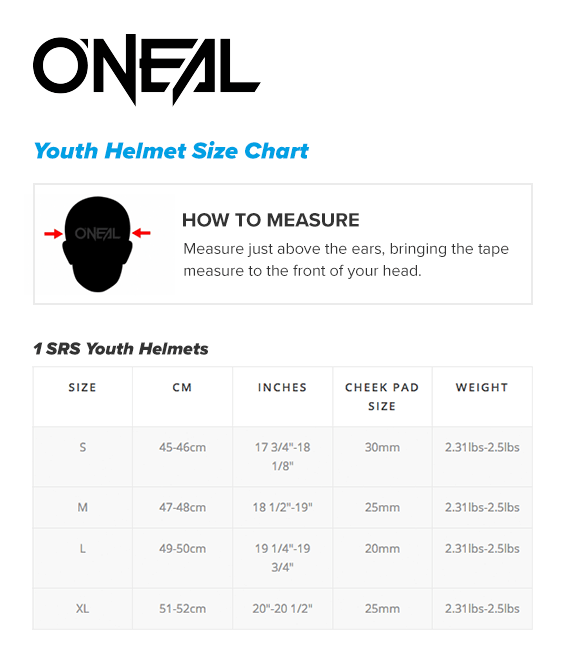 Oneal 1 srs youth helmets size guide