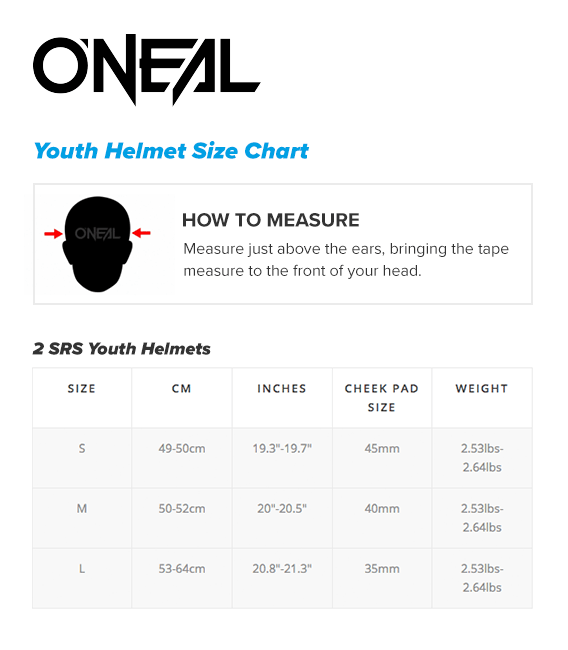 Oneal 2 srs youth helmets size guide