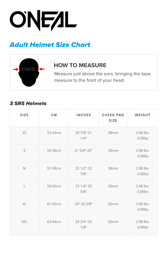 Oneal 3srs helmets size guide