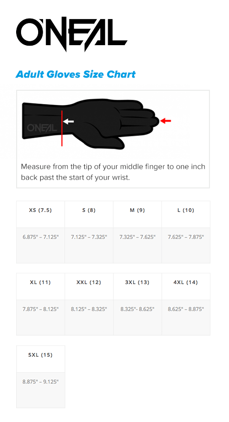 Oneal adult gloves size guide