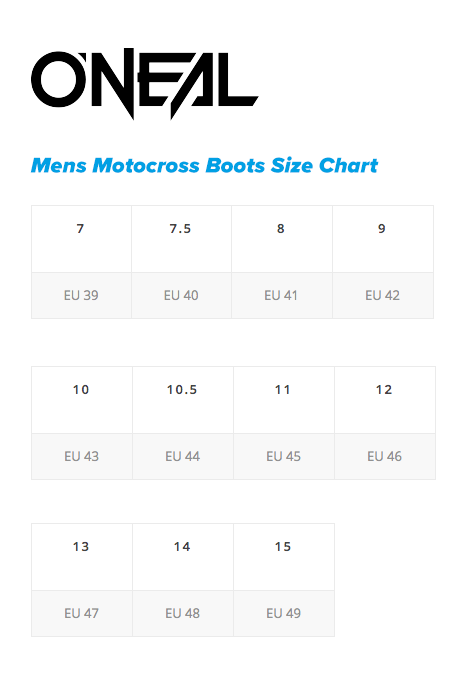 Oneal Mens MX Boots Size chart