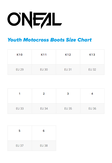 Oneal Youth MX Boots Size chart