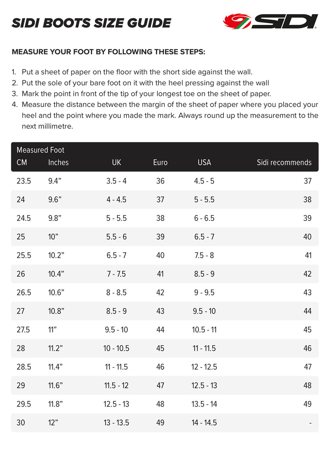 Sidi boots size guide