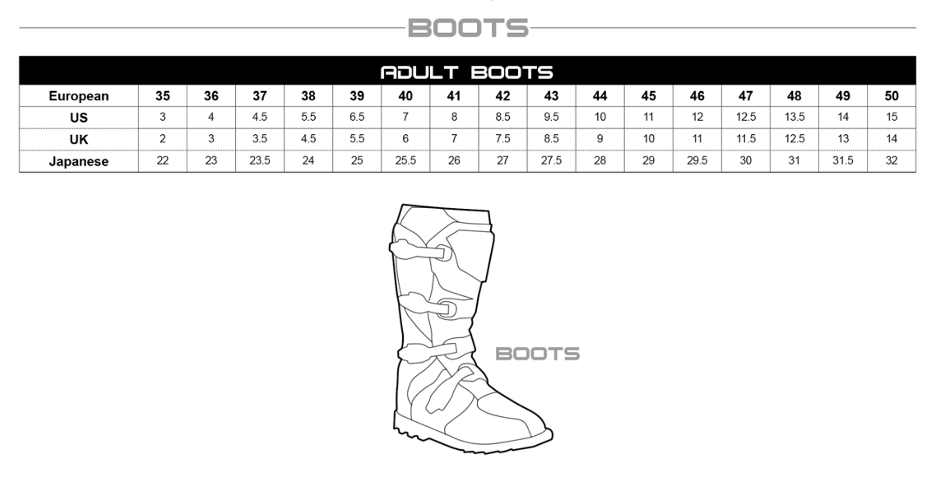 UFO boots size guide