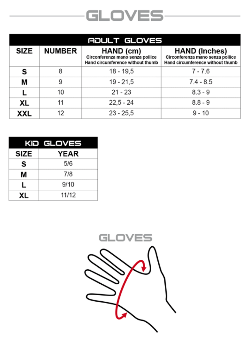 UFO gloves size chart