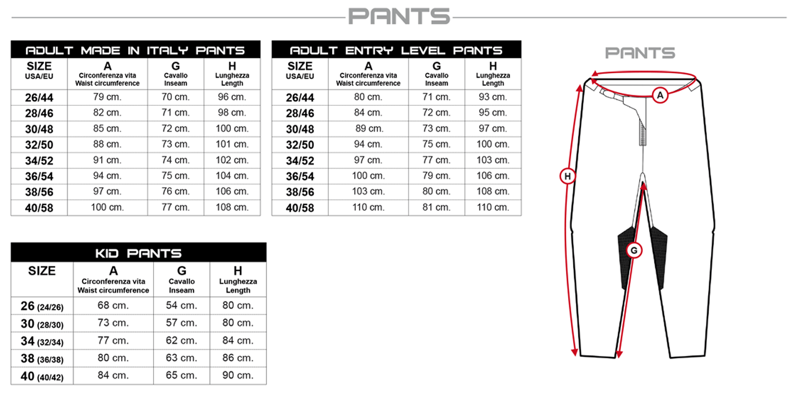 UFO pants size chart